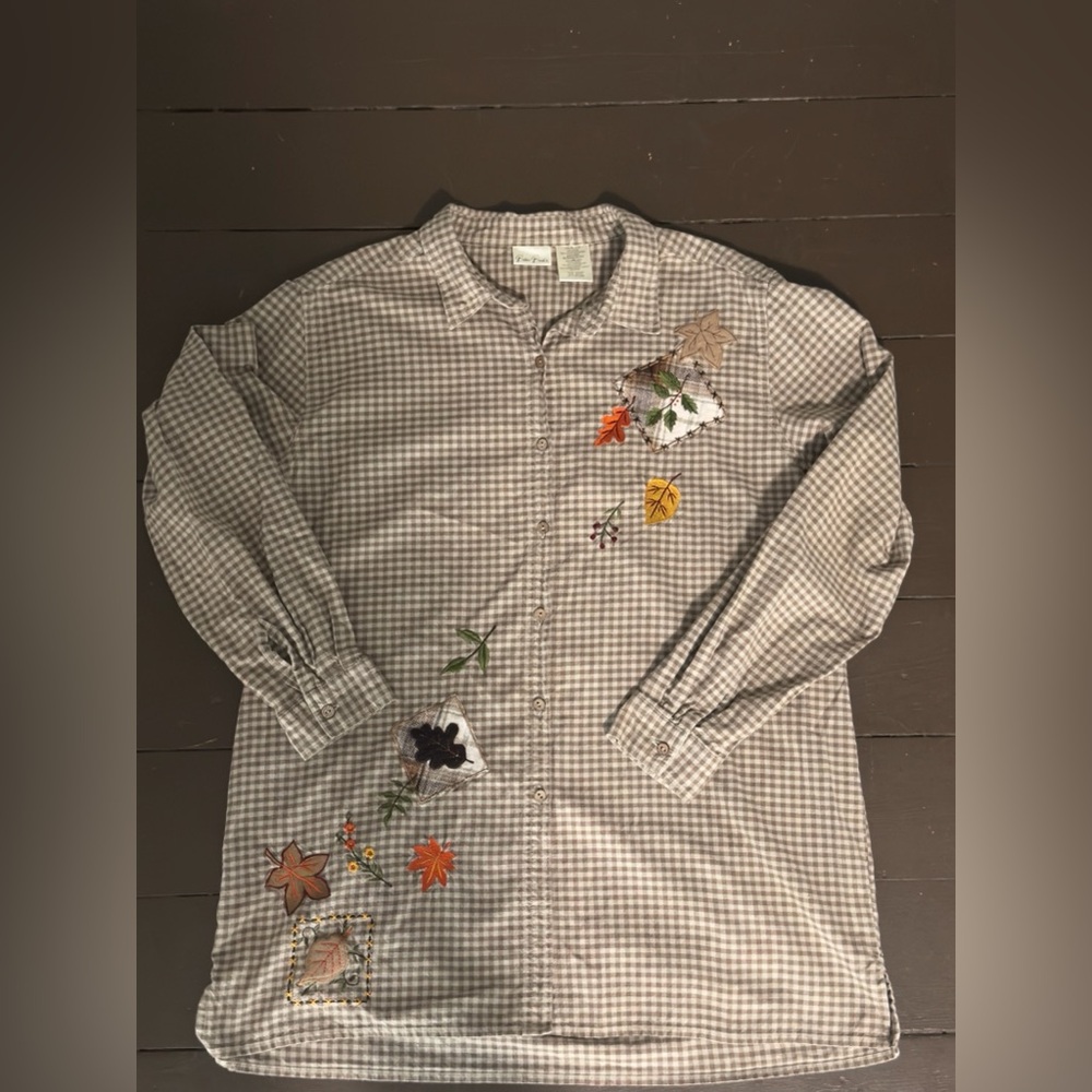 Bobbie Brooks LadiesButton Up Plaid Shirt Fall Leaf Embroidery 100% Cotton Sz XL